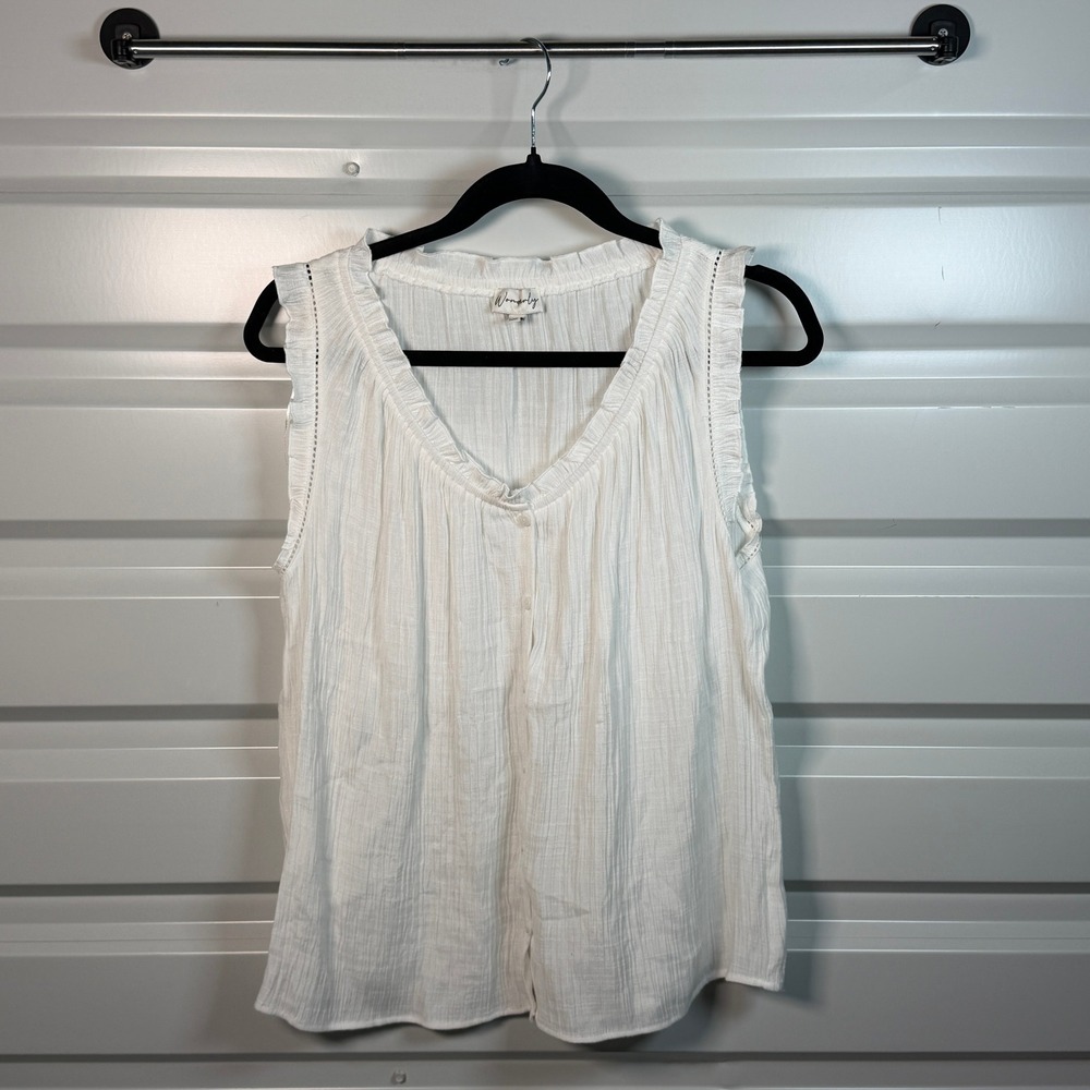 Wonderly Tank Top Women Large White Good Ruffle V-Neck Gauze Sleeveless